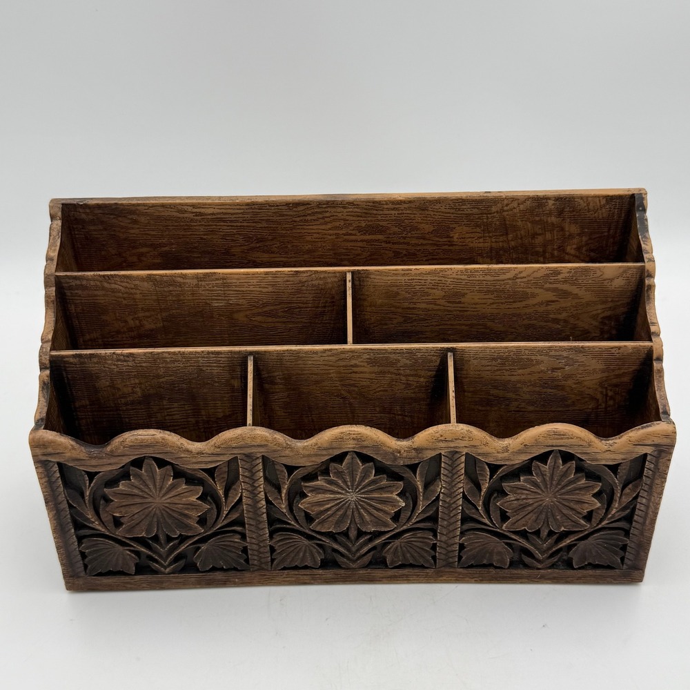 Vintage Hand Carved Wood Desk Organizer Tiered Mail Sorter Floral Boho Decor